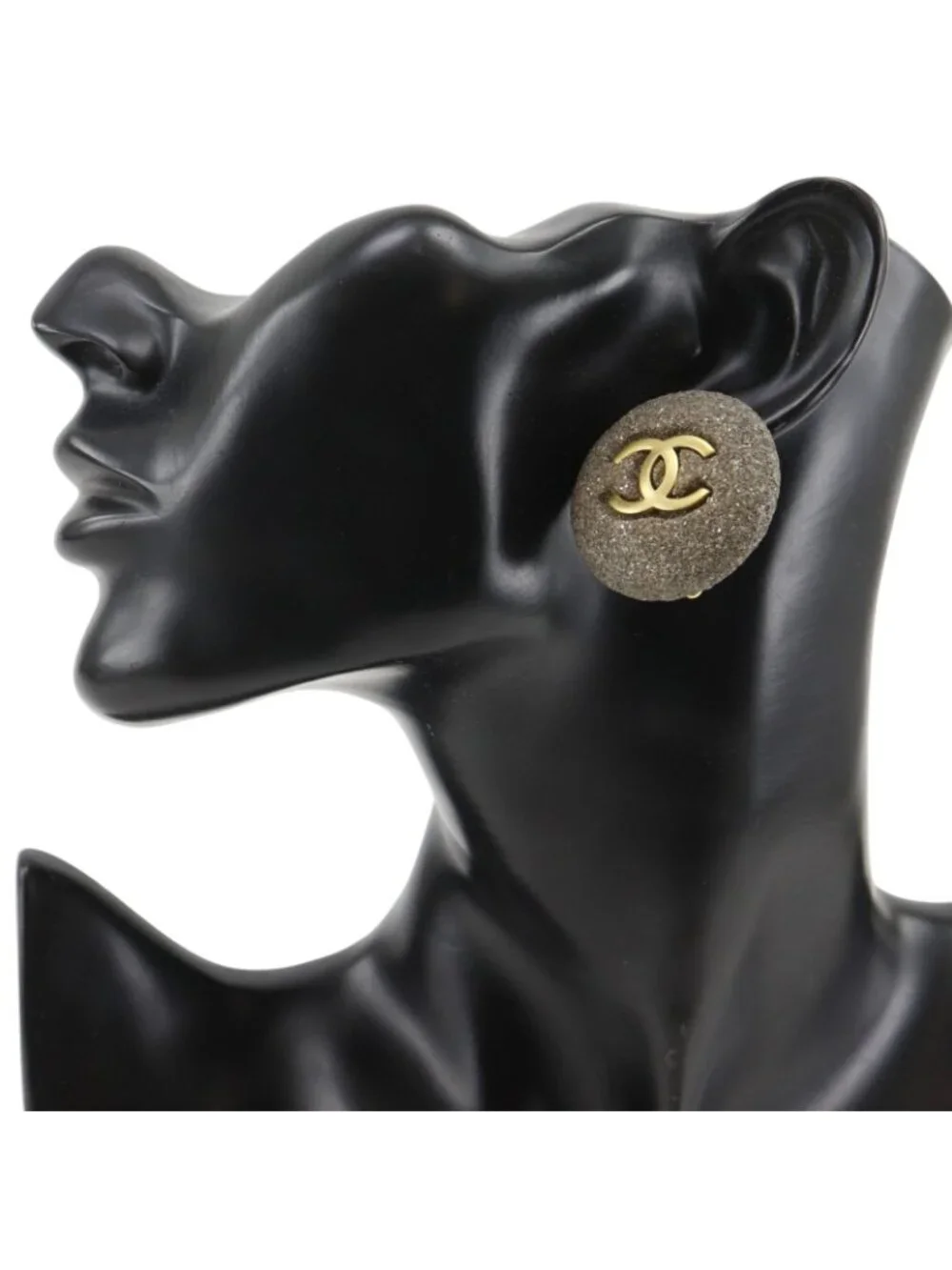 Chanel CC Logo Stone Motif Vintage Gold Plated Gray Earrings